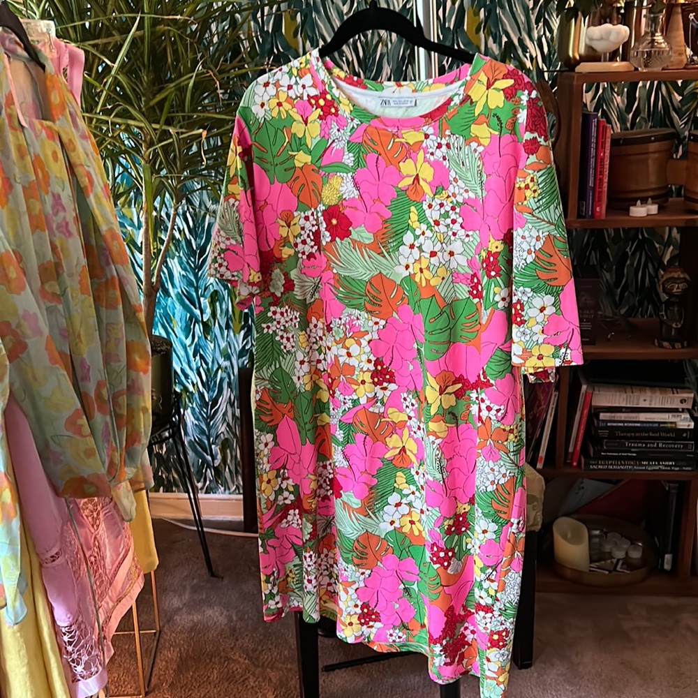 Zara Barbie flowered pink shirt/mini dress